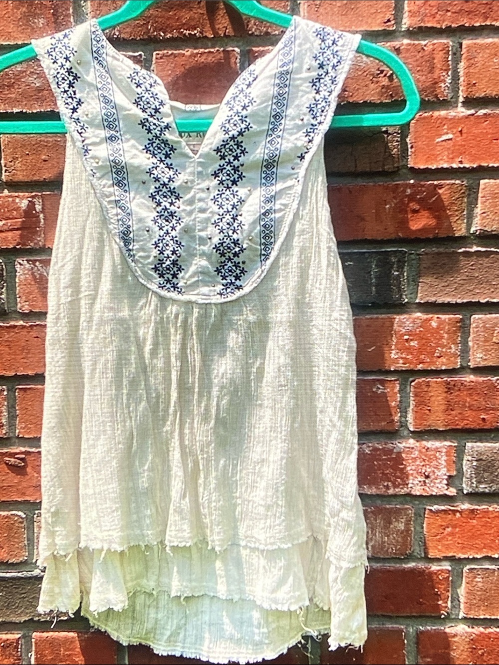 Knox Rose Cream Gauzy Sleeveless Camisole with Blue Embroidered Yoke